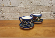 Load image into Gallery viewer, 6 Coffee Cups (Fenjan) with 1 Coffeepot (Dallah) | Coffee Serving Set | Handmade & Hand-Painted Hebron Ceramic | Navy | Multicolored