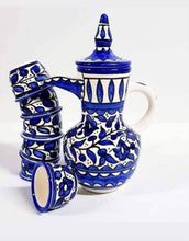 Load image into Gallery viewer, 6 Coffee Cups (Fenjan) with 1 Coffeepot (Dallah) | Coffee Serving Set | Handmade & Hand-Painted Hebron Ceramic | Navy | Multicolored