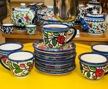 Load image into Gallery viewer, 6 Coffee Cups (Fenjan) with 1 Coffeepot (Dallah) | Coffee Serving Set | Handmade & Hand-Painted Hebron Ceramic | Navy | Multicolored