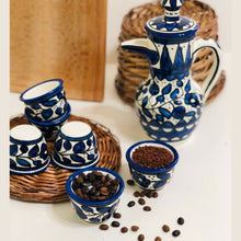 Load image into Gallery viewer, 6 Coffee Cups (Fenjan) with 1 Coffeepot (Dallah) | Coffee Serving Set | Handmade & Hand-Painted Hebron Ceramic | Navy | Multicolored