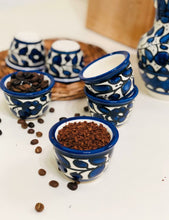 Load image into Gallery viewer, 6 Coffee Cups (Fenjan) with 1 Coffeepot (Dallah) | Coffee Serving Set | Handmade & Hand-Painted Hebron Ceramic | Navy | Multicolored