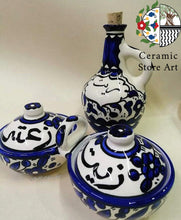 Load image into Gallery viewer, Oil Ceramic Pitcher with Cork stopper l Hebron Handmade Ceramic Jug- Oil - Zeit | Navy | Floral Multicolored | Olives Pattern | Dallah Zeit