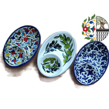 Load image into Gallery viewer, Oval ceramic Serving Plate 2 Section | Handmade Hand painted | Floral Multicolored | Navy Blue | Olive leaf | Turquoise | Hebron ceramic