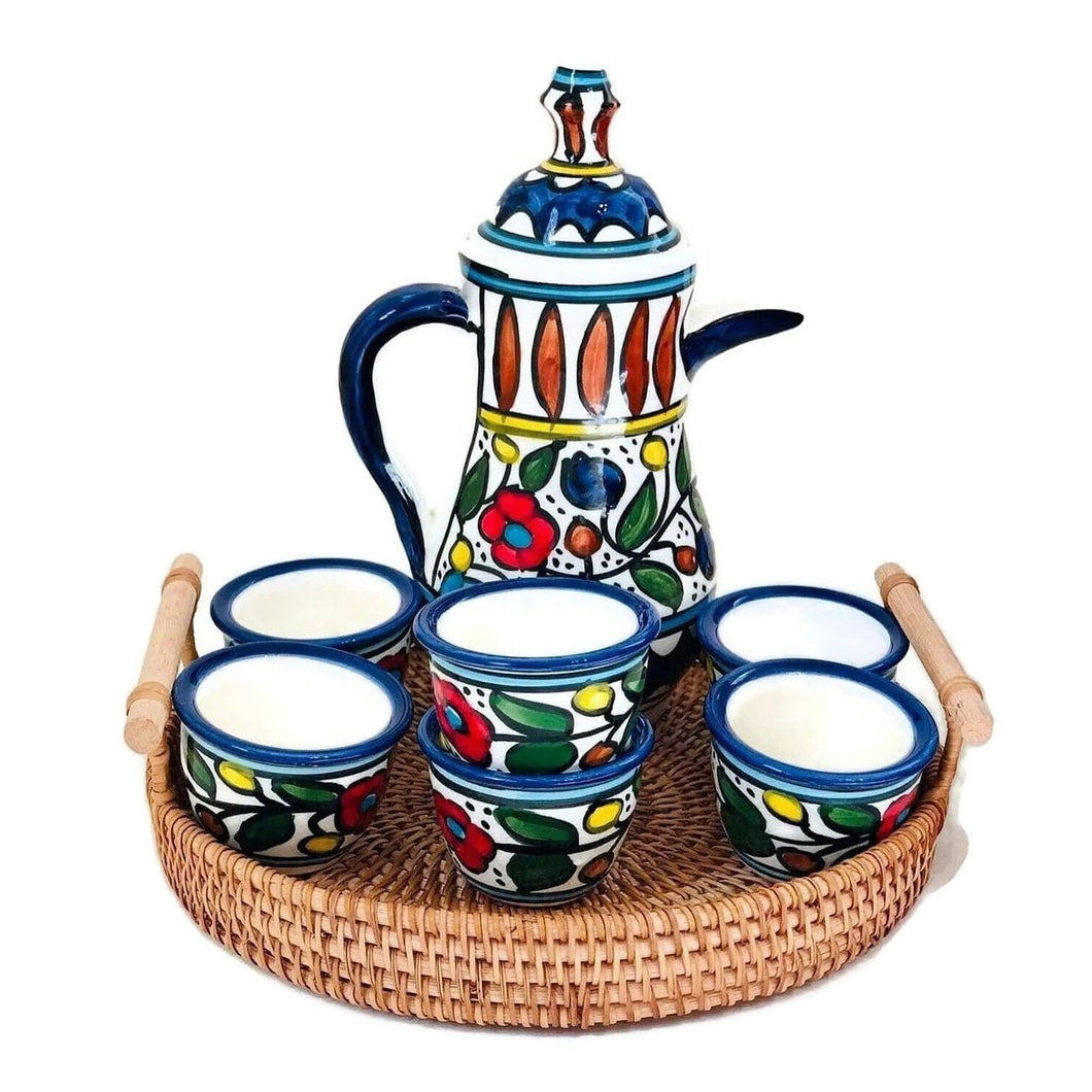 Ceramic Set of 6 Cups with Coffeepot Dallah | Coffee Serving 12 items Set