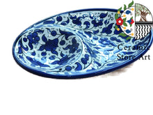 Load image into Gallery viewer, Oval ceramic Serving Plate 2 Section | Handmade Hand painted | Floral Multicolored | Navy Blue | Olive leaf | Turquoise | Hebron ceramic