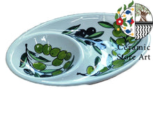 Load image into Gallery viewer, Oval ceramic Serving Plate 2 Section | Handmade Hand painted | Floral Multicolored | Navy Blue | Olive leaf | Turquoise | Hebron ceramic