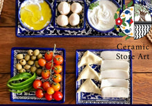 Load image into Gallery viewer, Ceramic Serving square plate 16 cm | Palestinian Handmade Hand painted | Navy | Floral Multicolored | olives Pattern | Turquoise