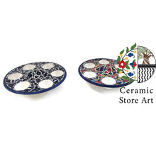 Load image into Gallery viewer, Egg Holder Plate | Handmade Hand-Painted Palestinian Ceramic | Multicolored Floral | Navy | 6-Egg Round Plate | Egg Holder Ceramic Dish