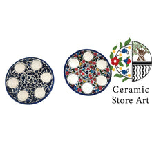 Load image into Gallery viewer, Egg Holder Plate | Handmade Hand-Painted Palestinian Ceramic | Multicolored Floral | Navy | 6-Egg Round Plate | Egg Holder Ceramic Dish