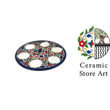 Load image into Gallery viewer, Egg Holder Plate | Handmade Hand-Painted Palestinian Ceramic | Multicolored Floral | Navy | 6-Egg Round Plate | Egg Holder Ceramic Dish