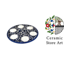Load image into Gallery viewer, Egg Holder Plate | Handmade Hand-Painted Palestinian Ceramic | Multicolored Floral | Navy | 6-Egg Round Plate | Egg Holder Ceramic Dish