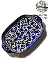 Load image into Gallery viewer, Ceramic Rectangular Plate | Handmade Hand-Painted | Multicolored | Turquoise | Navy | Olives Pattern | Palestinian Hebron Ceramic Dish