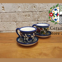 Load image into Gallery viewer, Coffee Cups & saucers Set of 6| Coffee Serving Set | Hebron Ceramic Handmade Hand painted | Multicolored Floral | Navy | Arabic Coffee Cups