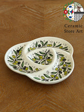 Load image into Gallery viewer, 4-Section Appetizer Ceramic Platter | Multicolored, Navy, Turquoise , Olives Pattern | Divided Serving Platter | Dip Serving Dish | Herbon