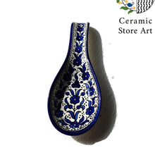 Load image into Gallery viewer, Ceramic Serving Spoon Rest l Floral Multicolored | Navy | Turquoise l Olives pattern | Handmade Handpainted Palestinian Product l spoon rest