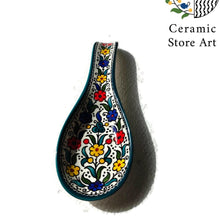 Load image into Gallery viewer, Ceramic Serving Spoon Rest l Floral Multicolored | Navy | Turquoise l Olives pattern | Handmade Handpainted Palestinian Product l spoon rest