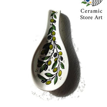 Load image into Gallery viewer, Ceramic Serving Spoon Rest l Floral Multicolored | Navy | Turquoise l Olives pattern | Handmade Handpainted Palestinian Product l spoon rest