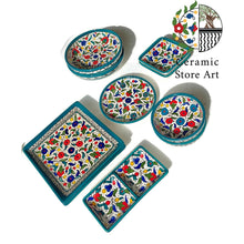 Load image into Gallery viewer, Palestinian Hebron 10 Items Set | Handmade Hand-painted High Quality Ceramic Tableware Set | Navy & White Patterns |Multicolored | Turquoise