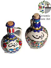 Load image into Gallery viewer, Oil Ceramic Pitcher with Cork stopper l Hebron Handmade Ceramic Jug- Oil - Zeit | Navy | Floral Multicolored | Olives Pattern | Dallah Zeit