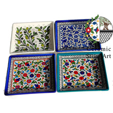 Load image into Gallery viewer, Ceramic Serving square plate 16 cm | Palestinian Handmade Hand painted | Navy | Floral Multicolored | olives Pattern | Turquoise