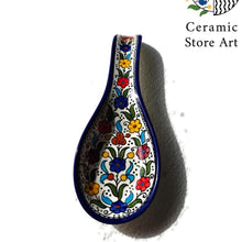 Load image into Gallery viewer, Ceramic Serving Spoon Rest l Floral Multicolored | Navy | Turquoise l Olives pattern | Handmade Handpainted Palestinian Product l spoon rest