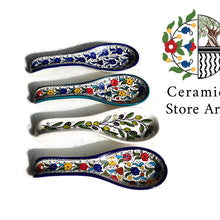 Load image into Gallery viewer, Ceramic Serving Spoon Rest l Floral Multicolored | Navy | Turquoise l Olives pattern | Handmade Handpainted Palestinian Product l spoon rest