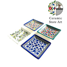 Load image into Gallery viewer, Ceramic Square Plate 13cm | Palestinian Handmade Hand painted ceramic Square Dish| Blue & White | Floral Multicolored | Turquoise | Olives