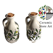 Load image into Gallery viewer, Oil Ceramic Jug with Cork stopper l Hebron Handmade Ceramic Pitcher- Oil - Zeit | Navy | Floral Multicolored | Olives Pattern | Dallah Zeit