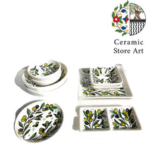 Load image into Gallery viewer, Palestinian Hebron Ceramic Set | Handmade Hand-painted High Quality Ceramic Tableware Set | Olives Pattern | Navy |Multicolored | Turquoise