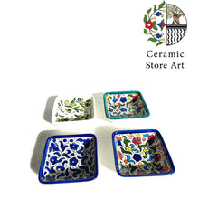 Load image into Gallery viewer, Ceramic square bowl 10 cm | Palestinian Handmade Hand painted | Navy | Floral Multicolored | olives Pattern | Turquoise | Hebron Ceramic