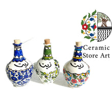 Load image into Gallery viewer, Oil Ceramic Pitcher with Cork stopper l Hebron Handmade Ceramic Jug- Oil - Zeit | Navy | Floral Multicolored | Olives Pattern | Dallah Zeit