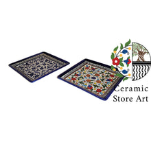 Load image into Gallery viewer, Ceramic Serving square plate 16.5 cm  | Palestinian Handmade Hand painted  | Navy Blue &amp; White Patterns | Floral Multicolored
