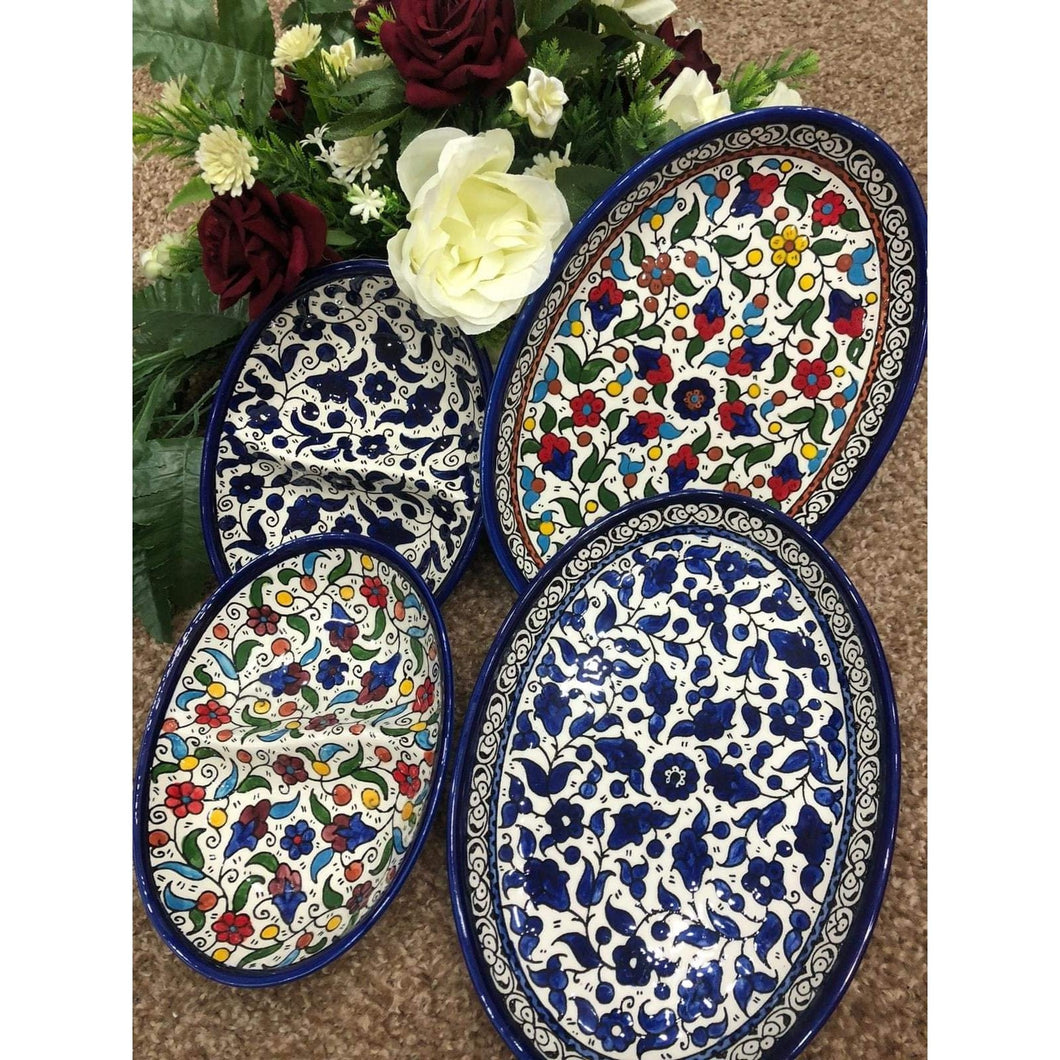 Oval shaped Plates Set l Handmade Hand-painted Ceramic 4 Pieces oval shaped plates set, Pair of oval dishes 2 section divided,Pair of Plates