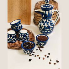 Load image into Gallery viewer, 6 Coffee Cups with 1 Coffeepot  Pitcher Dallah | Coffee Serving Set | Hebron Ceramic Handmade Hand painted | Navy and White | Multicolored
