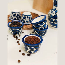 Load image into Gallery viewer, 6 Coffee Cups with 1 Coffeepot  Pitcher Dallah | Coffee Serving Set | Hebron Ceramic Handmade Hand painted | Navy and White | Multicolored
