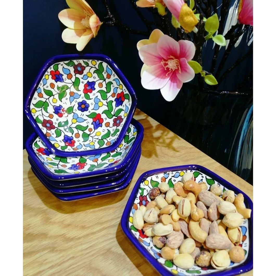 Hexagon Serving Plate Set of 6 / Dish Multicolored Floral  | Handmade Handpainted Ceramic |  Nuts Dish / Plate  | Hebron Ceramic l Palestine