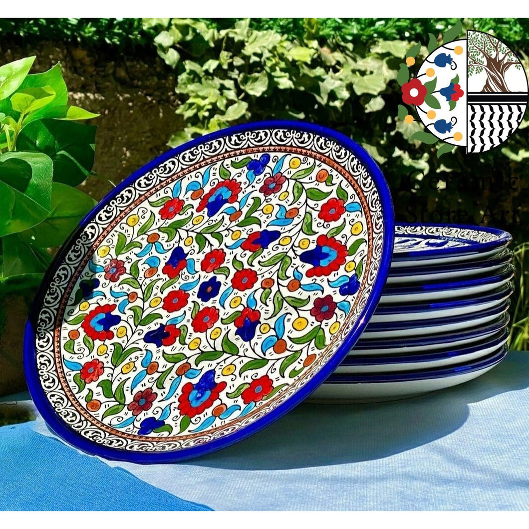 Large Ceramic Plates Set | Palestinian Handmade Hand-Painted Ceramic| Multicolored Floral Garden | Navy Blue and white | Ceramic plates Set