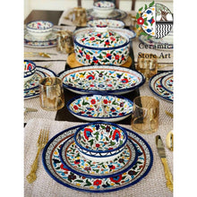 Load image into Gallery viewer, Large Ceramic Plates Set | Palestinian Handmade Hand-Painted Ceramic| Multicolored Floral Garden | Navy Blue and white | Ceramic plates Set
