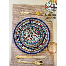 Load image into Gallery viewer, Large Ceramic Plates Set | Palestinian Handmade Hand-Painted Ceramic| Multicolored Floral | Navy Blue white | Ceramic plates Set
