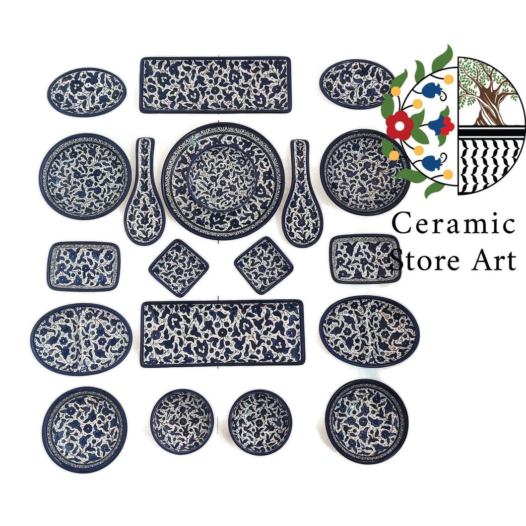 Breakfast 20 pieces Ceramic Set | Handmade Hand-painted Holy Land Ceramic Tableware Set  | Navy Blue & White Patterns | Dinning l Kitchen