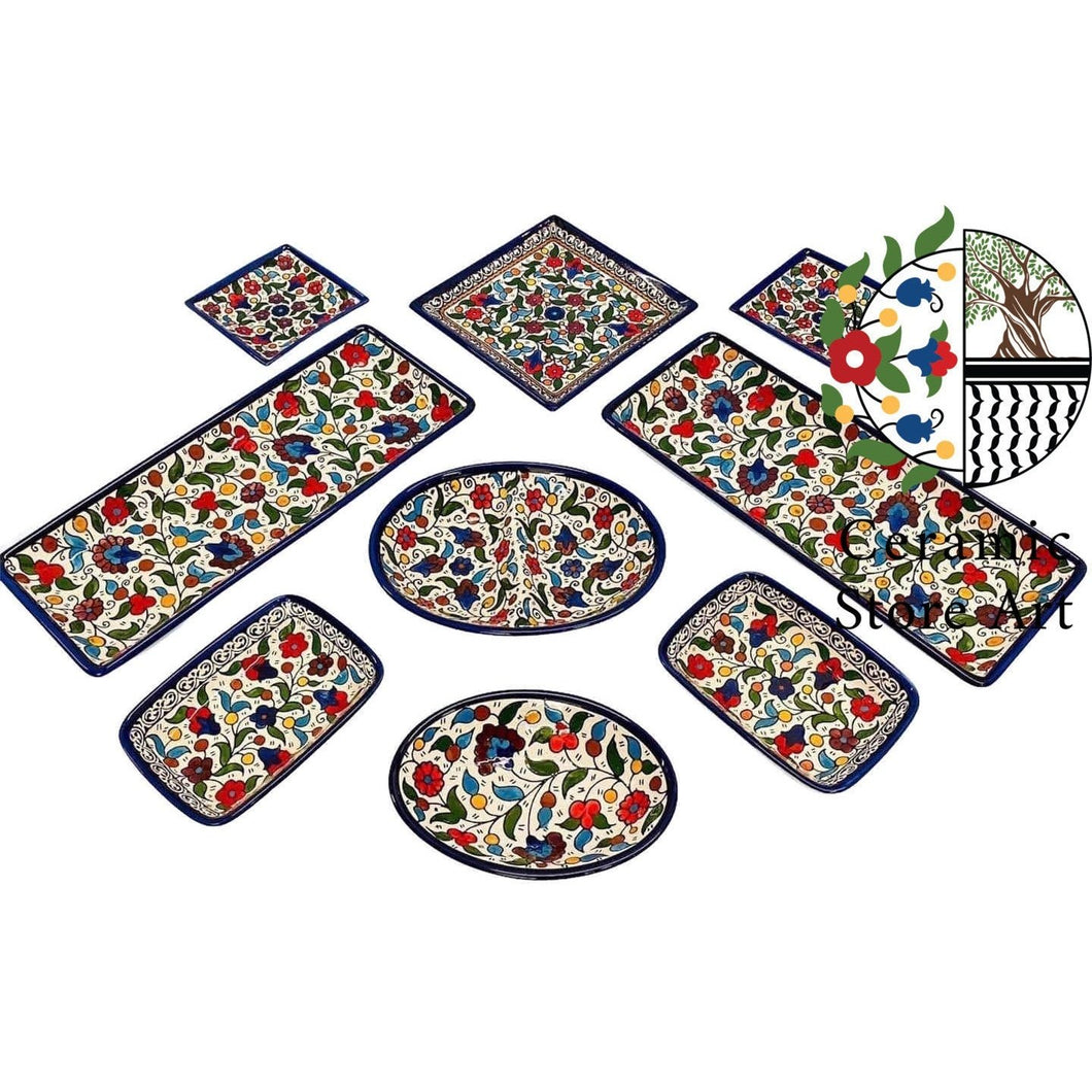 Tableware Ceramic Breakfast Set  | Colorful Design  | Handmade Handcrafted 9 items Set | Hebron Ceramic Set | Ceramic Serving Set