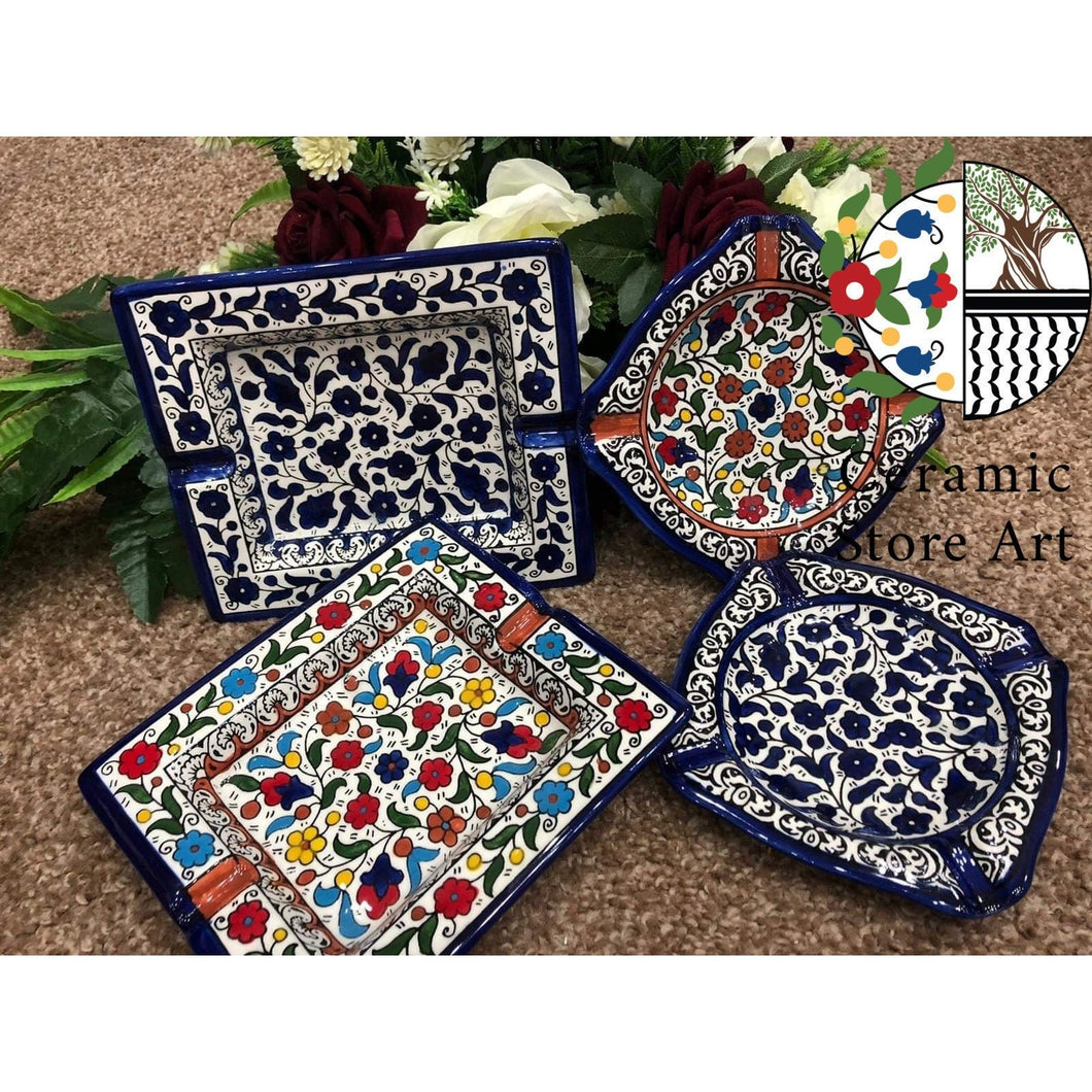 Ceramic Ashtray Set l  Handmade Hand-painted Ceramic | Hebron Ceramics| Navy Blue and White | Multicolored Floral