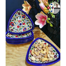Load image into Gallery viewer, Triangle Serving Plate Set of 6 | Multi colored Floral  | Handmade Hand painted Ceramic | Serving Dish for Nuts | Hebron Ceramic l Palestine
