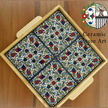Load image into Gallery viewer, Wooden Ceramic Tray hand painted handmade Ceramic Serving Tray| Multicolored Floral Garden| Navy Blue and white | Hebron Ceramic | Palestinian Ceramic
