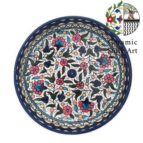 Round shaped ceramic serving platter  | Handmade Handpainted High Quality Ceramic | Multi Colored Floral | Blue and white | Hebron Ceramic