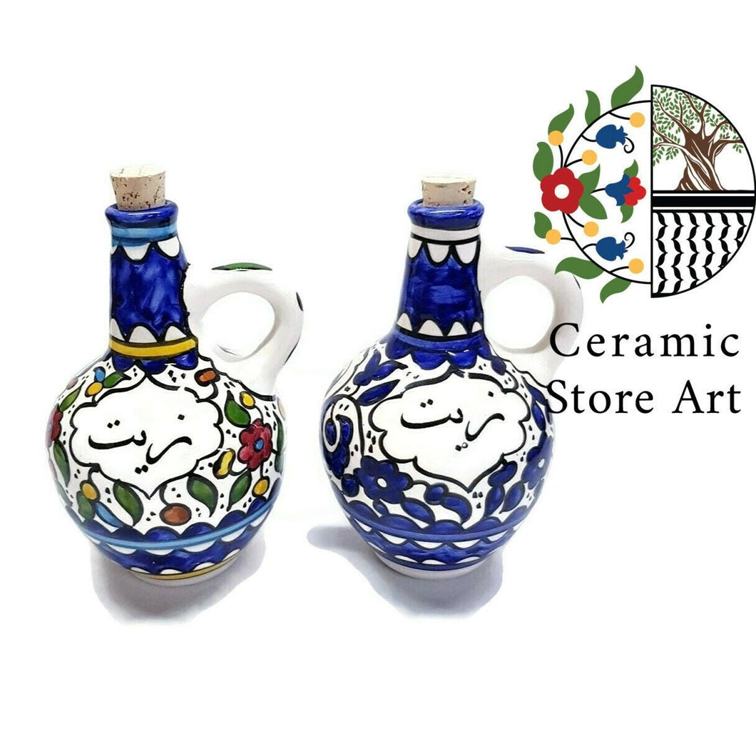 Ceramic Pitcher with Cork stopper l Hebron Handmade Hand-painted -  Oil - Zeit | Navy Blue & White Patterns | Floral Multicolored Design