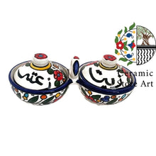 Load image into Gallery viewer, Zeit &amp; Zaatar Ceramic Bowl with handle l Handmade Handpainted Hebron Palestinian Product | Multi Colored Floral | Navy Blue and White
