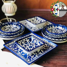 Load image into Gallery viewer, Breakfast 20 pieces Ceramic Set | Handmade Hand-painted Holy Land Ceramic Tableware Set  | Navy Blue &amp; White Patterns | Dinning l Kitchen
