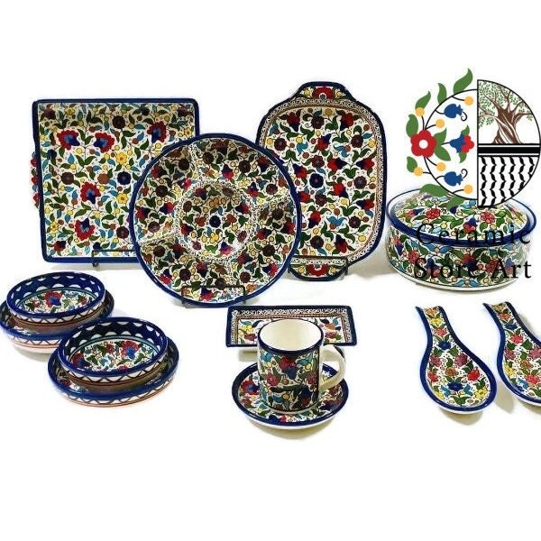 Rustic Ceramic Serving Set 16 Handmade hand painted Items | Colorful Floral Design | Handcrafted Ceramic | Hebron Ceramic Art Gift