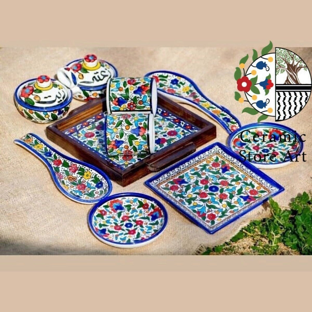 Hebron Ceramic Set of 9 items Multicolored floral | Colorful Design | Handmade Handcrafted Ceramic Tableware Set | Breakfast Ceramic Set
